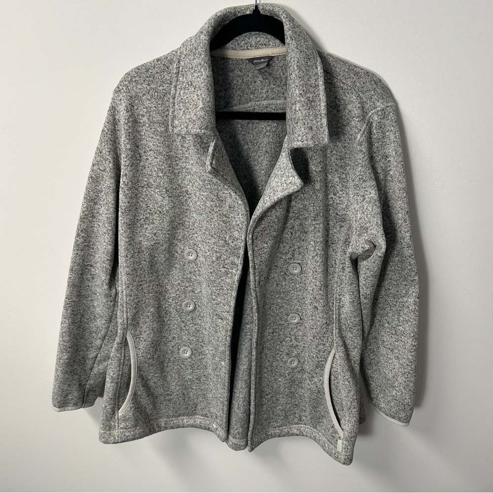 '17 EDDIE BAUER women's grey double breasted lightweight fleece pea coat, 2XL.